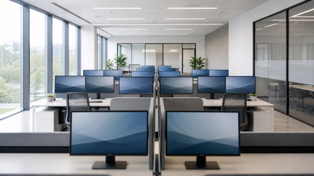 Postes de travail alignés dans un espace de travail contemporain
