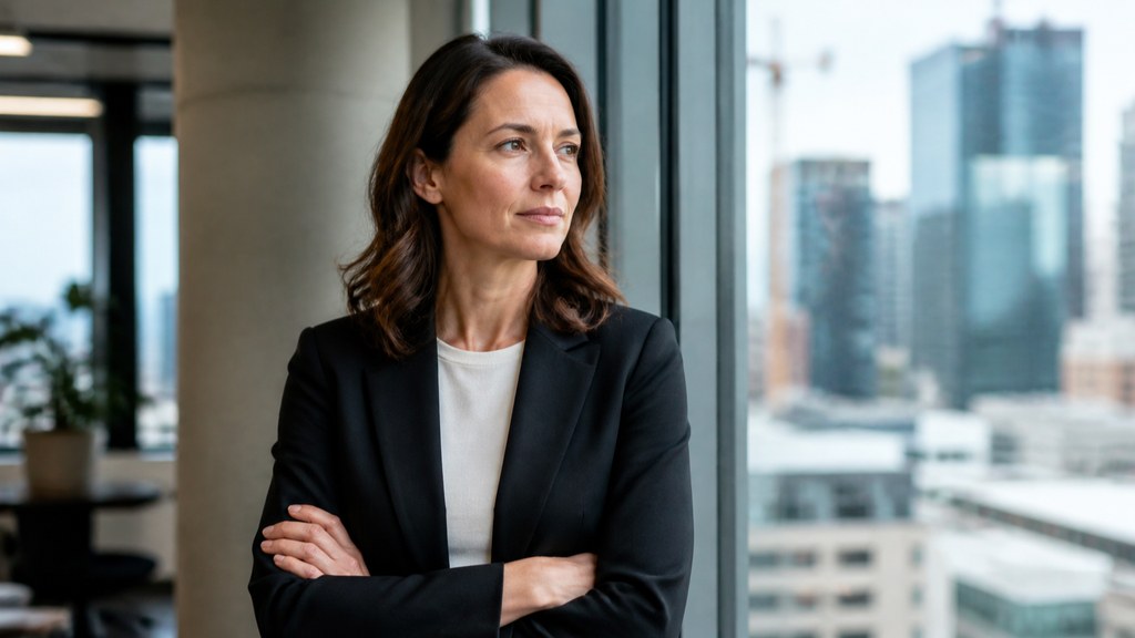 Femme cadre debout devant une fenêtre de bureau, expression réfléchie