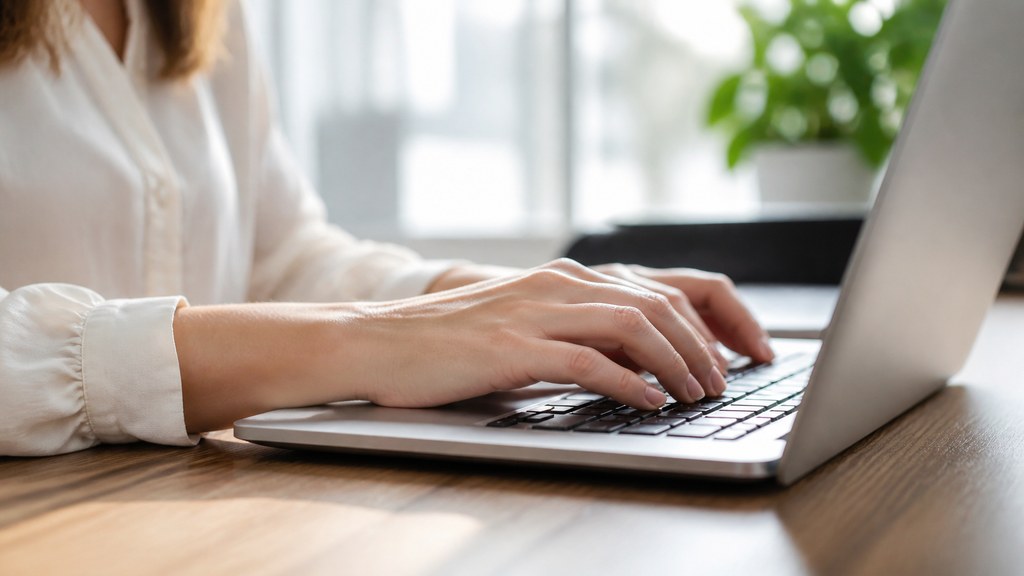Mains sur le clavier d'un ordinateur portable dans un bureau lumineux
