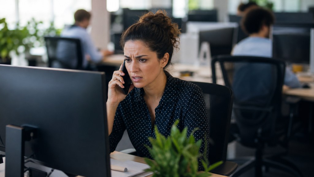 Femme au téléphone dans un espace ouvert, expression contrariée devant son ordinateur