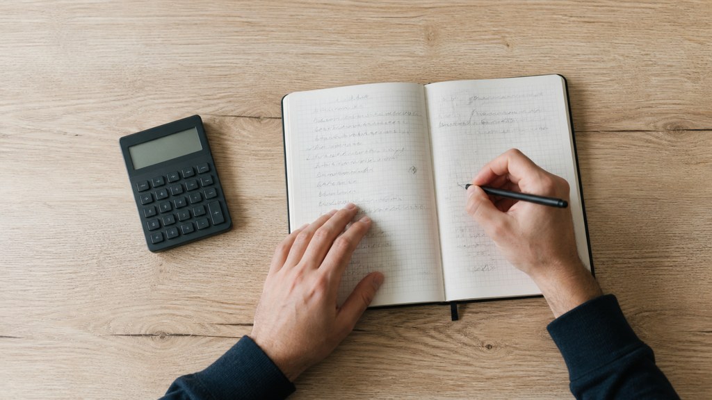 Calculatrice, carnet et stylo posés sur un bureau en bois clair