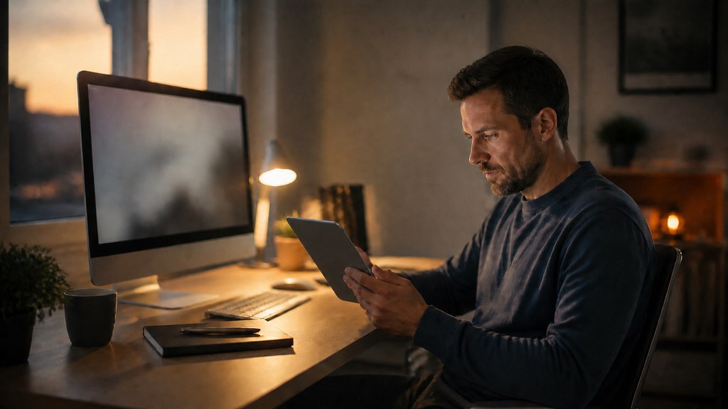 Personne assise à un bureau épuré avec une tablette et un grand écran