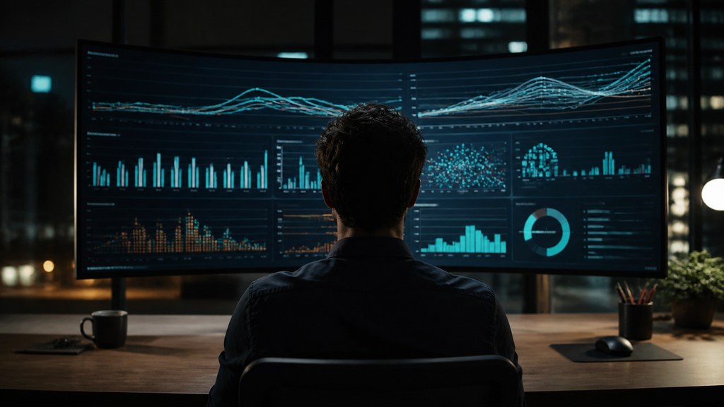 Tableau de bord analytique affiché sur un grand écran incurvé dans un bureau sombre