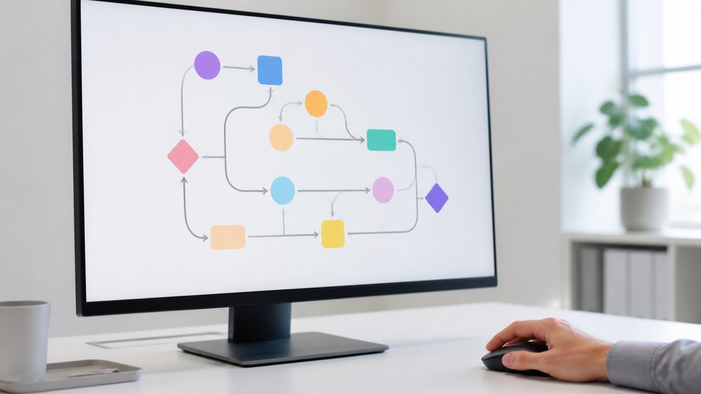 Poste de travail avec un écran affichant un schéma de flux, main sur la souris