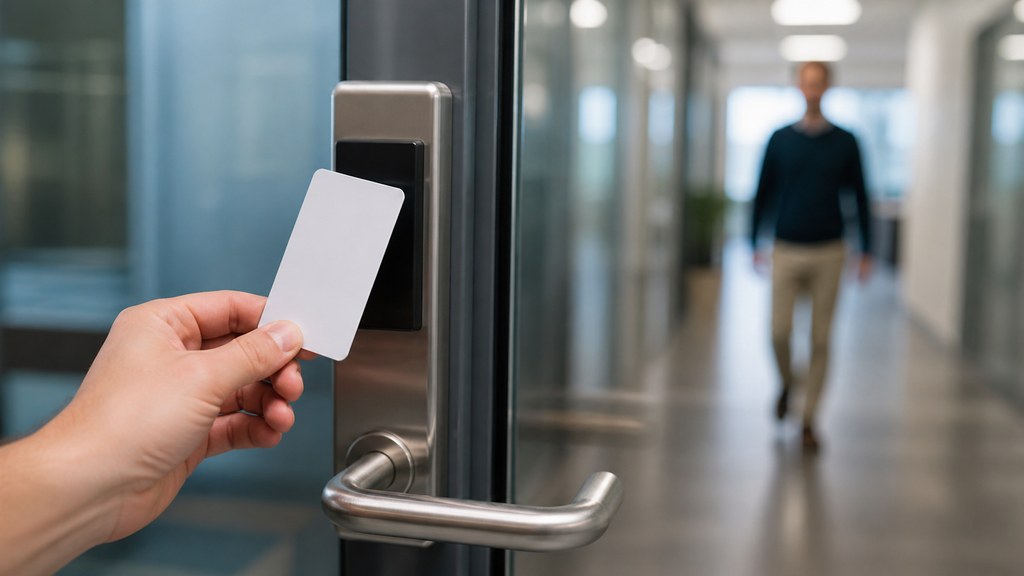 Badge d'accès et serrure sur une porte vitrée de bureau
