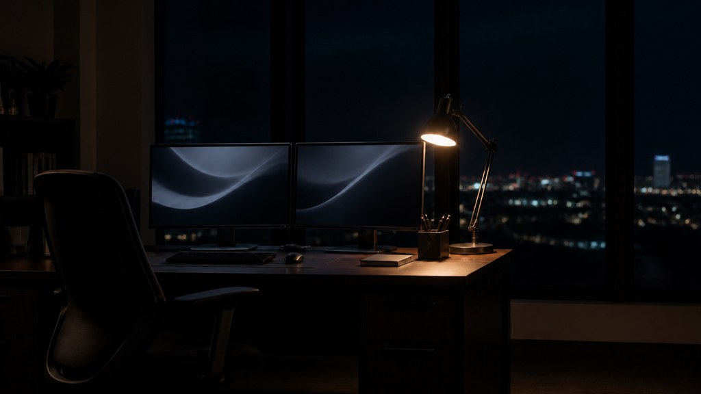 Bureau la nuit avec une seule lampe allumée et un poste de travail à deux écrans