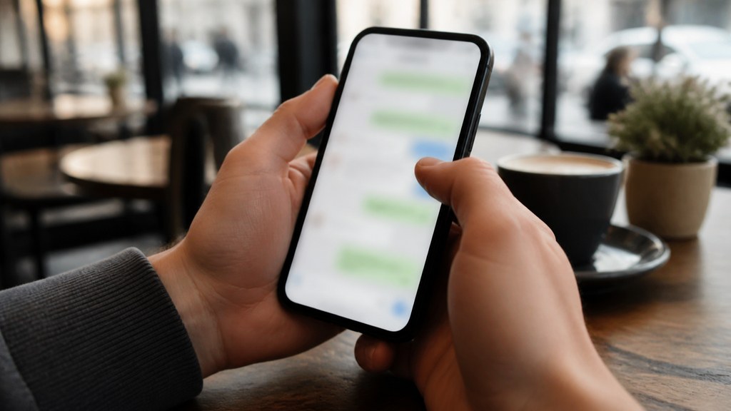 Smartphone tenu à deux mains avec un écran de messagerie, arrière-plan de café urbain