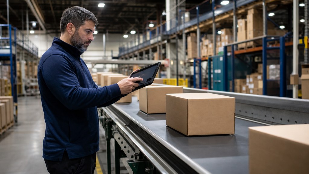 Entrepôt logistique avec des colis sur un tapis roulant et un opérateur muni d'une tablette