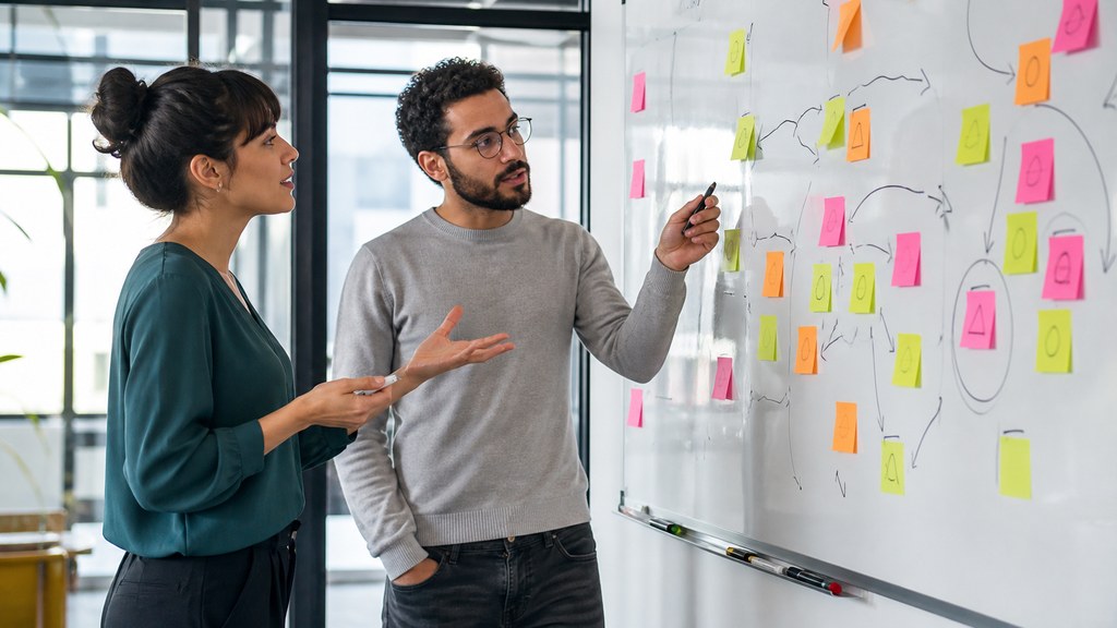 Deux collègues devant un tableau blanc couvert de notes et de schémas